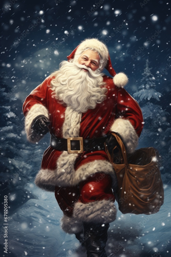 A painting of Santa Claus carrying a bag. This festive image is perfect for Christmas-themed designs and holiday promotions