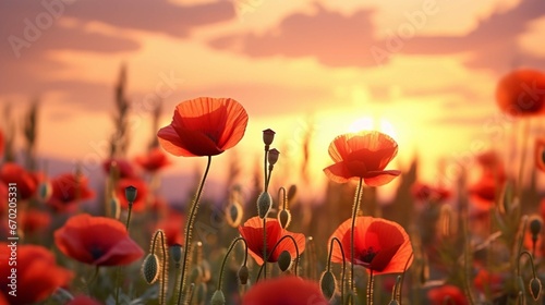 Beautiful nature background with red poppy flowers poppy in the sunset in the field. Remembrance Day, Veterans Day, lest we forget the concept. generative ai