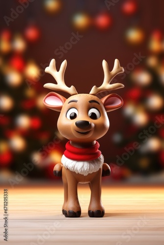 A close-up view of a toy reindeer placed on a table. This image can be used for holiday decorations or in children's toy advertisements