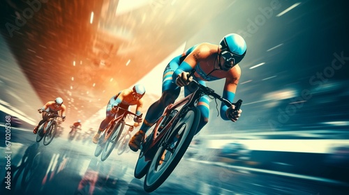 Cyclist athletes riding a race at high speed. Cycling competition. generative ai 