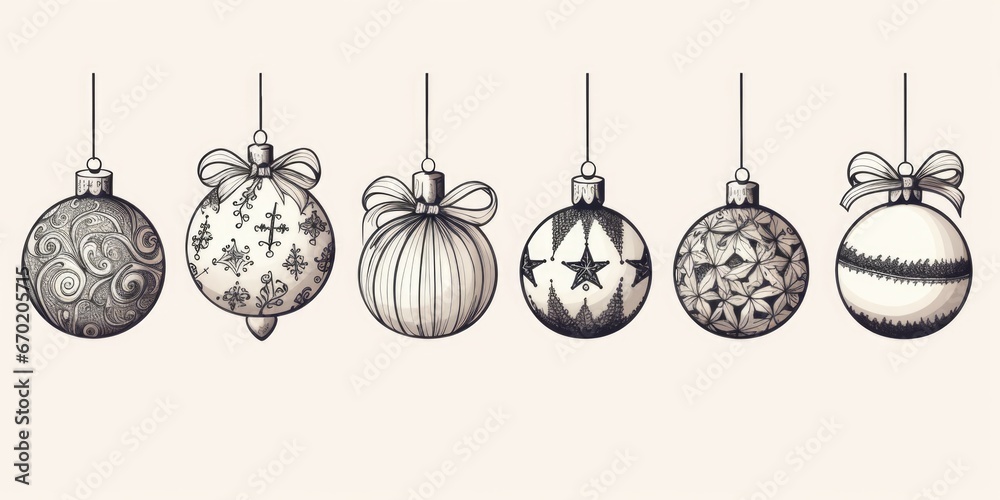 A row of Christmas ornaments hanging from strings. Can be used to add festive decoration to any holiday-themed project A row of Christmas ornaments hanging from strings. Can be used to add festive decoration to any holiday-themed project
