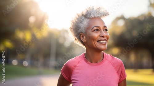 Mid adult African American woman is jogging outside