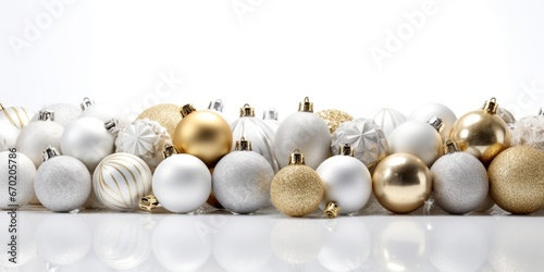 A row of white and gold Christmas ornaments. Perfect for holiday decorations and festive celebrations