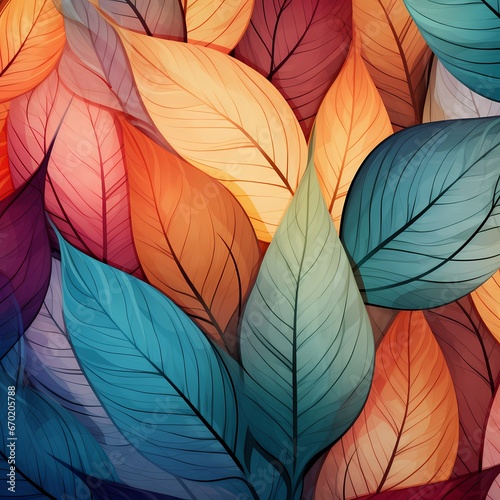 the background is multicolored with leaves. Autumn leaves the background. the leaf pattern on the wall in the style transparent. illustrations. AI Generative  © Arnik