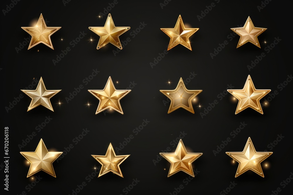A set of golden stars on a black background. Perfect for adding a touch of elegance and glamour to any design or project A set of golden stars on a black background. Perfect for adding a touch of elegance and glamour to any design or project