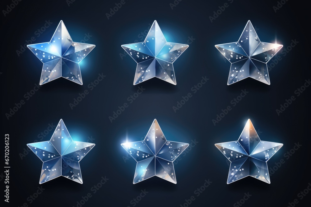 A set of six shiny stars on a dark background. This image can be used for various purposes, such as decoration, celebrations, or to represent success and achievement A set of six shiny stars on a dark background. This image can be used for various purposes, such as decoration, celebrations, or to represent success and achievement