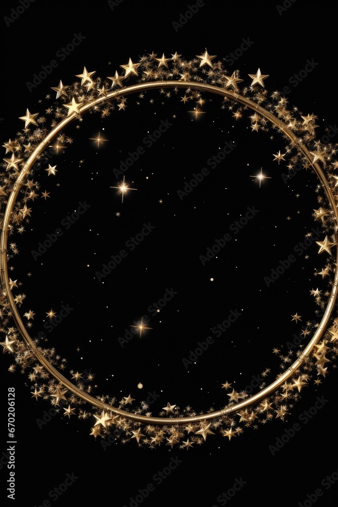 A circular gold frame with stars on a black background. Perfect for adding elegance and glamour to any design project