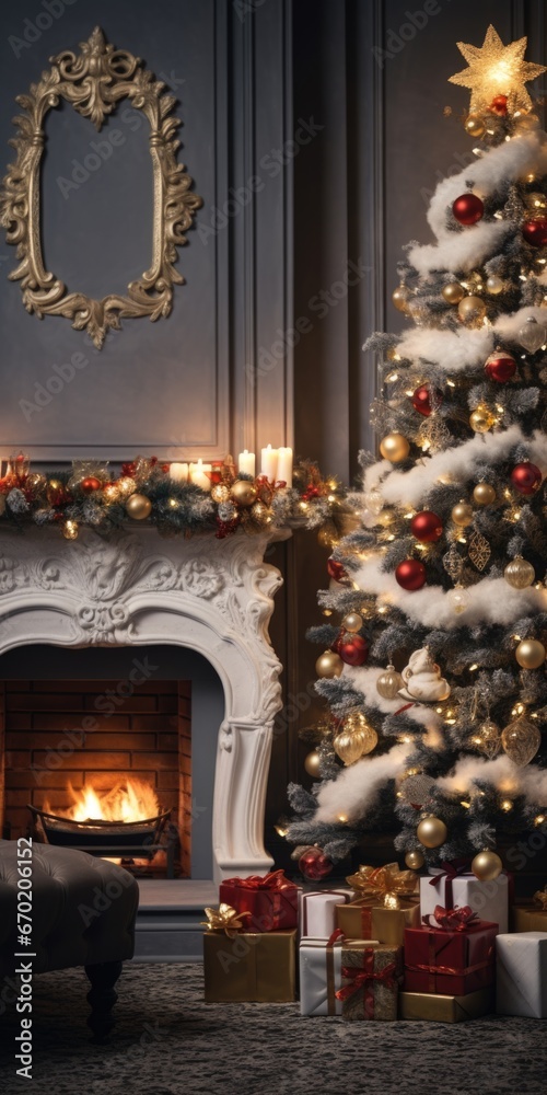 A beautifully decorated Christmas tree stands in front of a cozy fireplace. Perfect for holiday-themed designs and festive decorations A beautifully decorated Christmas tree stands in front of a cozy fireplace. Perfect for holiday-themed designs and festive decorations