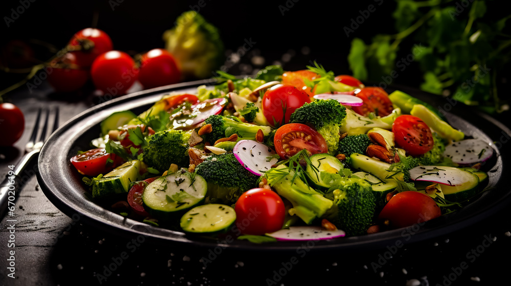 Summer vegetable salad with zucchini, tomatoes, radishes, broccoli and sunflower seeds. Healthy and delicious food. Photo for the menu.