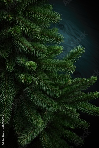 A close-up view of a pine tree with a dark background. This image can be used to depict nature, forestry, or winter landscapes