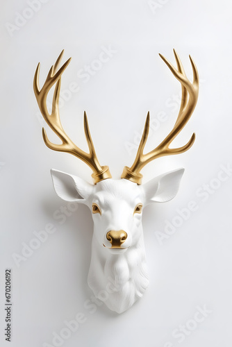 white deer head with golden antlers on a white minimalistic wall