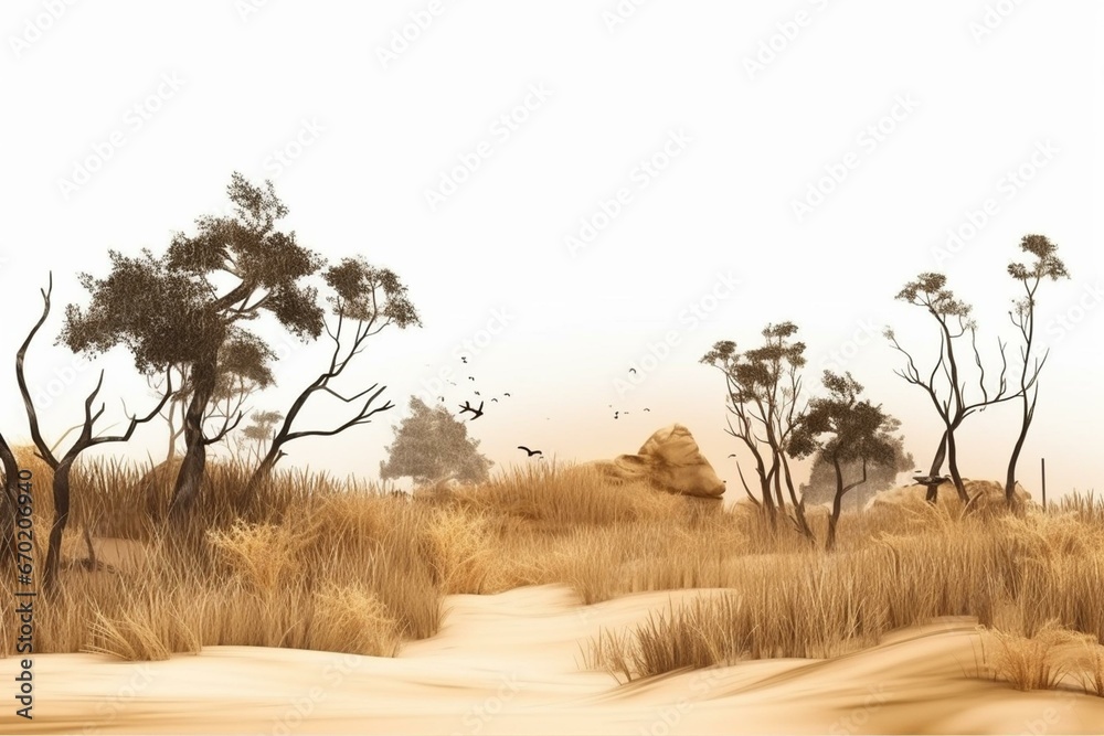 Dried grass field in savanna, cutout background with 3D illustration. Generative AI
