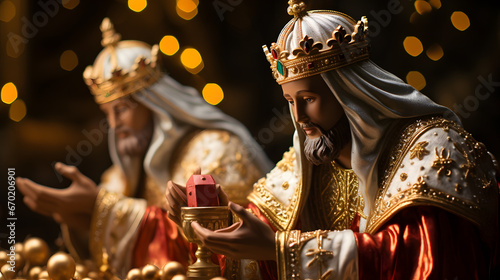 the Holy Three Kings, with majestic attire as the background context, during a vibrant Epiphany celebration photo