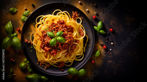 Traditional Italian spaghetti bolognese on a dark background. Serving food in a restaurant. Top view. Healthy food concept.