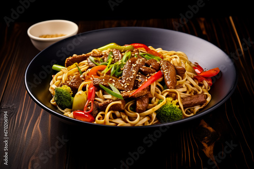 Udon stir fry noodles with pork meat and vegetables in a plate on white wooden background. Asian cuisine. Delicious and healthy food.