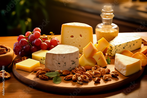 Various types of cheese set with grapes and nuts, on a wooden table.