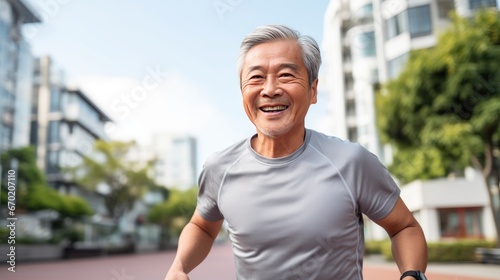 Senior Asian man is jogging outside 