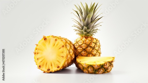 In this realistic 3D render, a luscious whole pineapple is expertly paired with a neatly sliced section. The pineapple's rich, golden tones contrast elegantly with the pristine white backdrop.