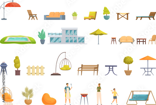 House with patio icons set cartoon vector. Wooden terrace house. Nature small armchair