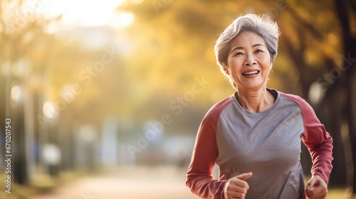 Senior Asian woman is jogging outside 