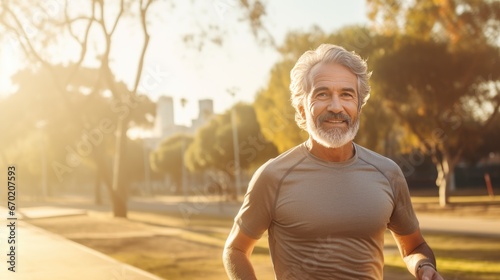 Senior Mexican man is jogging outside 