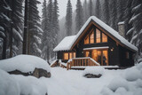 wooden house in the snow, snowing winter cozy vibe,  holiday, ai generated, golden light, cottage in the mountains, winter vibe in the mountains