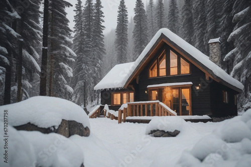 wooden house in the snow, snowing winter cozy vibe,  holiday, ai generated, golden light, cottage in the mountains, winter vibe in the mountains © July Star