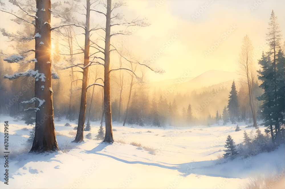 Winter landscape with snow-covered trees in the forest during sunset in the style of watercolor painting Winter landscape with snow-covered trees in the forest during sunset in the style of watercolor painting