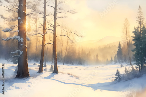 Winter landscape with snow-covered trees in the forest during sunset in the style of watercolor painting