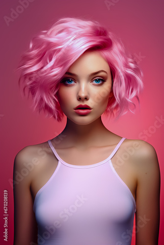 Woman with pink hair and blue eyes wearing pink dress and pink lipstick on solid colored background.