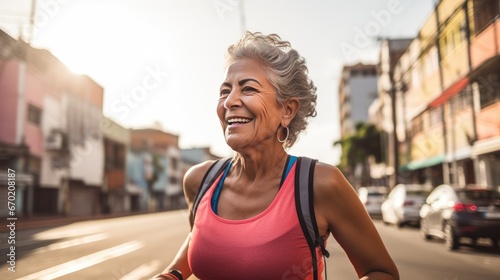 Senior Mexican woman is jogging outside 