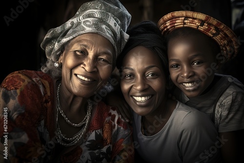 African-American grandmother, mother and granddaughter smiling, family portrait on black background. The concept of family, love and unity