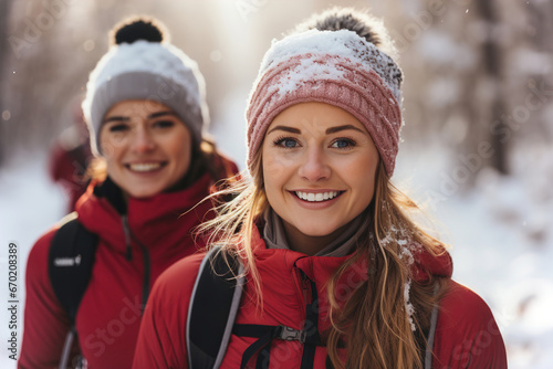 Two women in winter clothing walking through the snow.