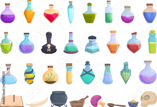Magic elixir icons set cartoon vector. Glass flask jar. Poison game asset