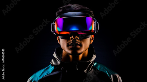 Young man wearing virtual reality VR glasses, goggles isolated on black background.