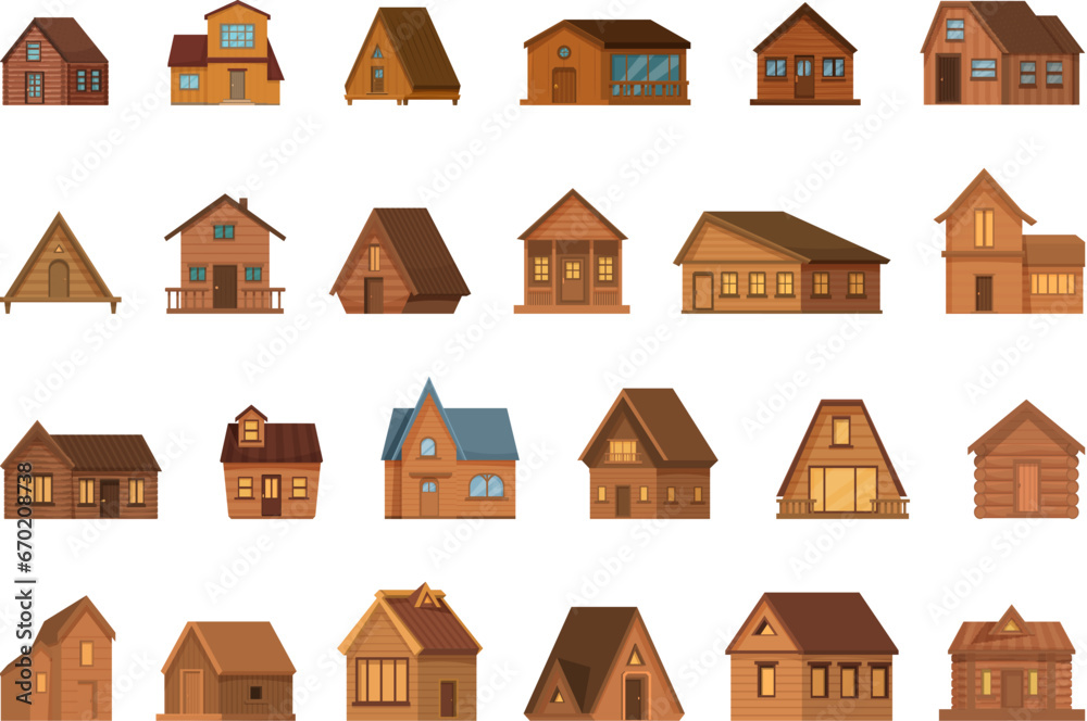 Wooden cabin icons set cartoon vector. Wood tree house. Pine forest village - obrazy, fototapety, plakaty 