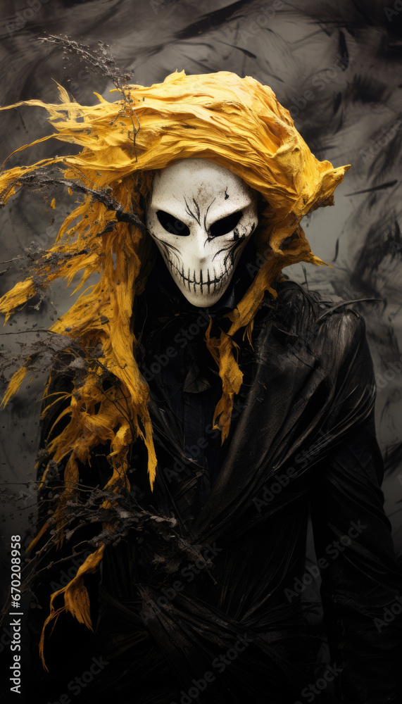 Strokes skull head yellow surreal background