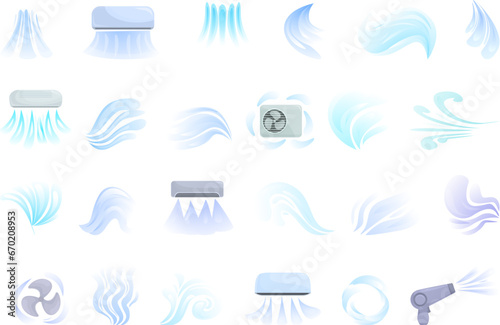 Cold air flow icons set cartoon vector. Wind air effect. Breeze wave speed