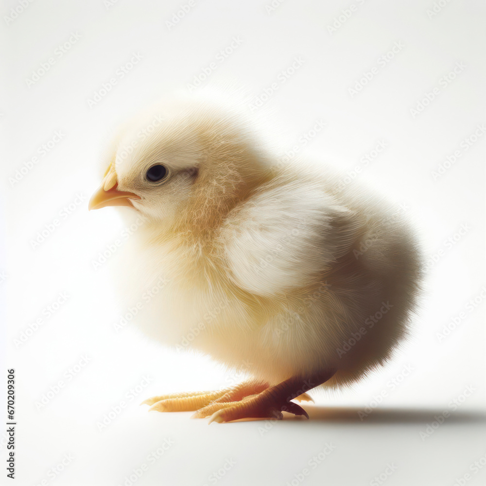 Obraz premium single Fluffy Baby Broiler Chickens Isolated on White background. ai generative