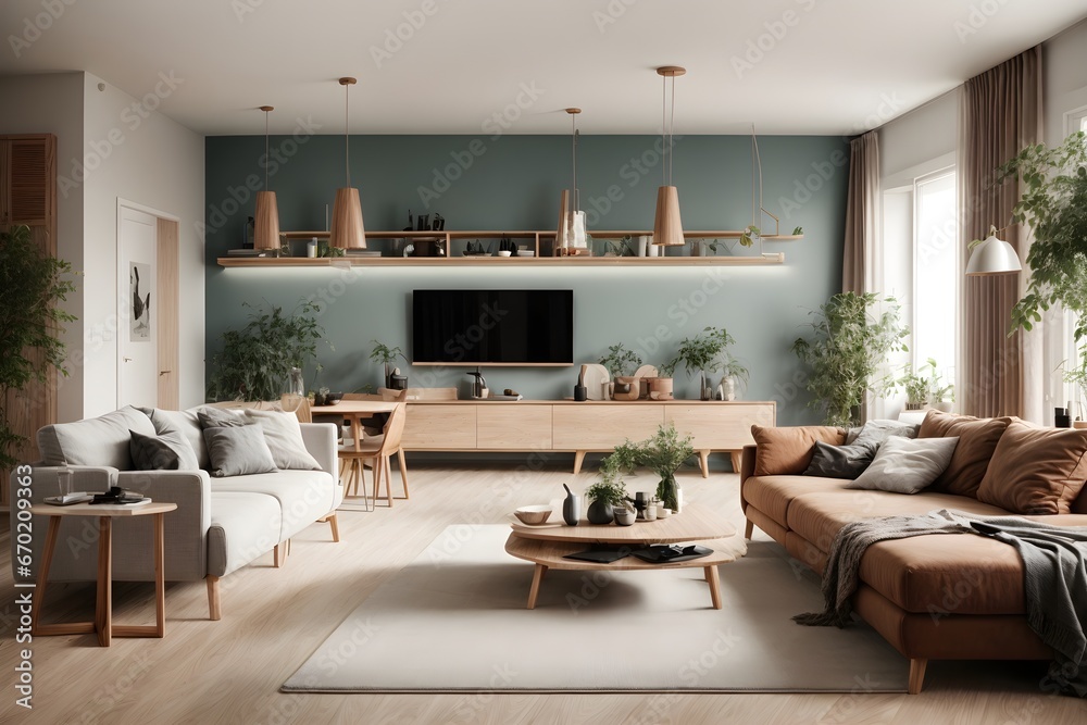 Fototapeta premium Modern Apartment Interior Design for Living and Dining Rooms 3D Rendering