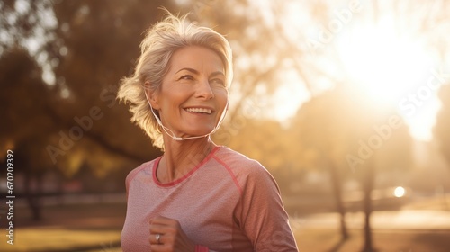 Mid adult woman is jogging outside