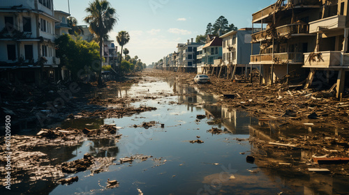 A coastal city submerged in rising sea levels, portraying the threat of coastal flooding
