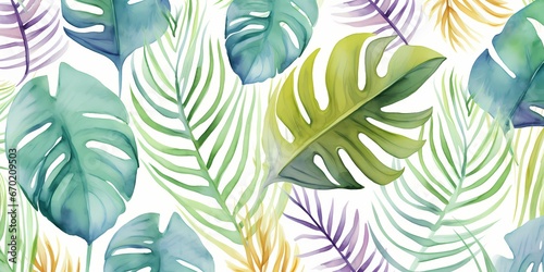 Tropical seamless pattern with leaves. Watercolor background with tropical leaves photo
