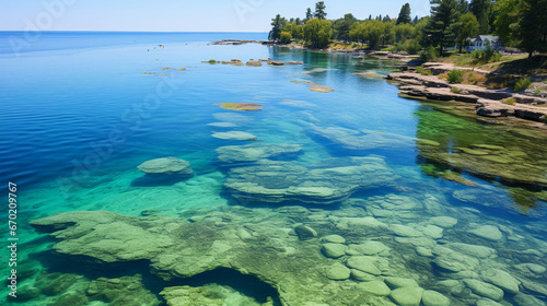 A clear blue lake turning green due to algal blooms caused by warming waters © Наталья Евтехова