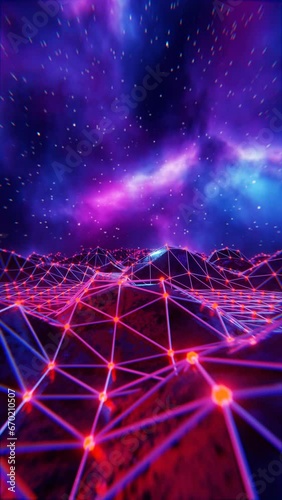 abstract background of sci fi vj loop animation motion graphics, vertical or portrait video with nebula stars background, land with wireframe and neon light design