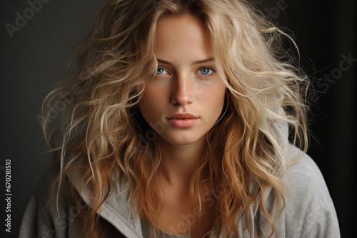 Portrait of a beautiful young blonde nordic woman with freckles on her face.