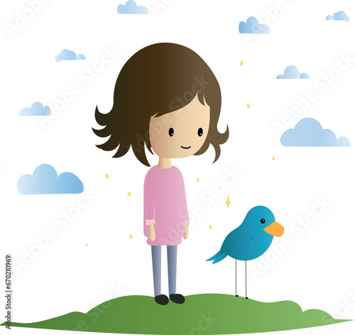 Vector illustration of a girl with light blue bird with gold glistening stars  Girl wearing a pink sweater with blue tailed bird 