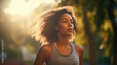 Young African American woman is jogging outside