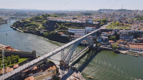 Porto Portugal, Aerial view of the Cathedral of  Porto close to the  Dom Luis I Bridge, the old town, and Douro River, Travel Tourism landmark 