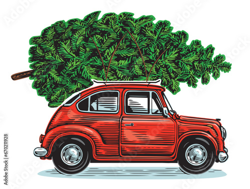 Christmas red retro car with green pine tree. Happy holidays vector illustration